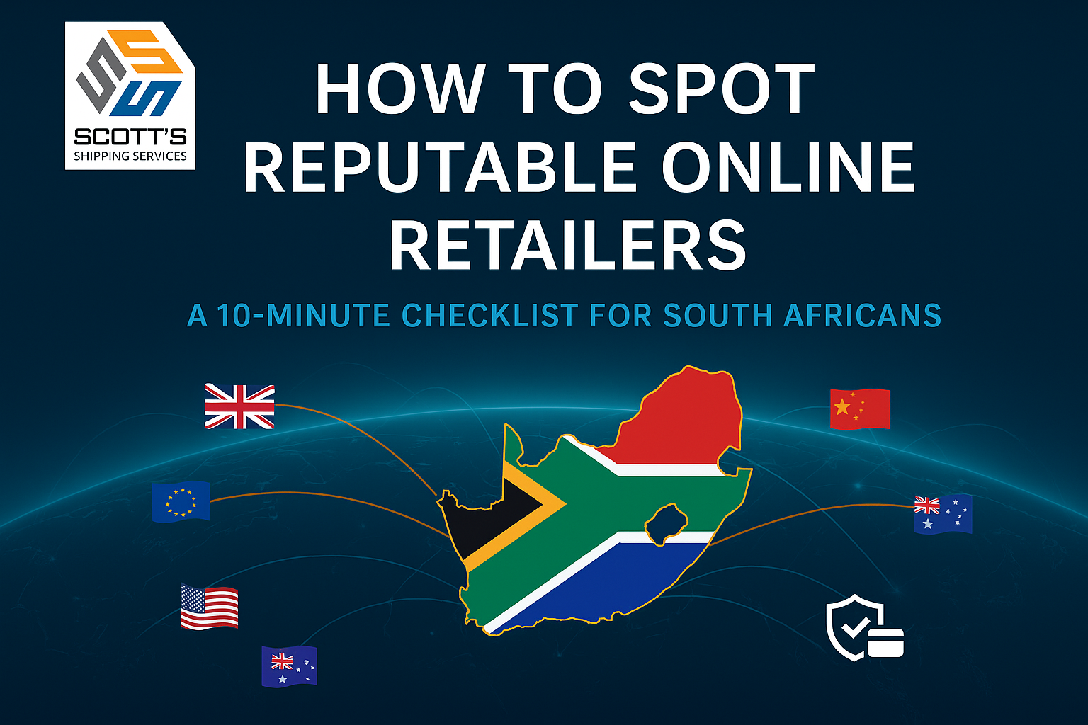 Header graphic showing a navy world map with the South Africa flag outline radiating trade routes, headline “How to Spot Reputable Online Retailers,” Scott’s Shipping Services logo, and security icons
