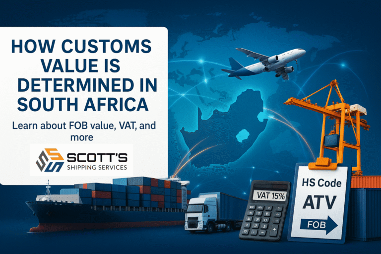 How customs value is determined in South Africa: SSS graphic with map, container ship, truck, airplane, crane, HS code clipboard, VAT 15% and FOB/ATV icons.
